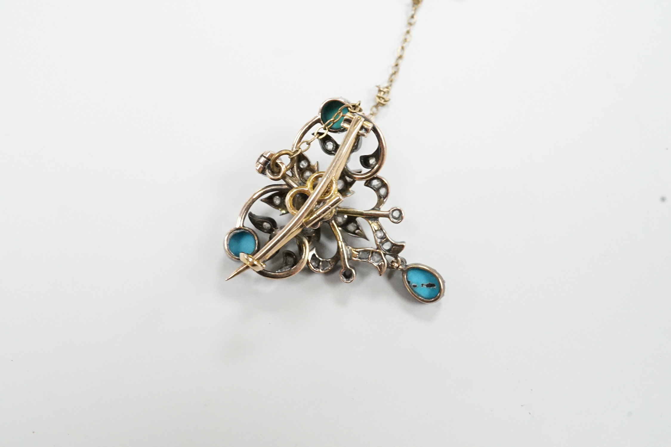 A Victorian yellow and white metal, turquoise and diamond cluster set drop brooch, 30mm, gross weight 8.8 grams.